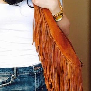 Suede leather fringe tote back by Johnny Was